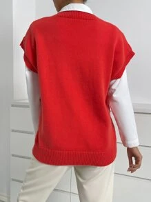 SHEIN Essnce 1pc Cable Knit V-neck Sweater Vest - Red - View 2