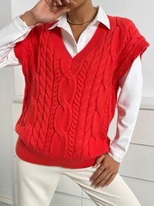 SHEIN Essnce 1pc Cable Knit V-neck Sweater Vest - Red - View 3