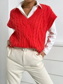 SHEIN Essnce 1pc Cable Knit V-neck Sweater Vest - Red - View 4