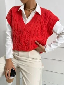 SHEIN Essnce 1pc Cable Knit V-neck Sweater Vest - Red - View 5