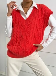 SHEIN Essnce 1pc Cable Knit V-neck Sweater Vest - Red - View 6