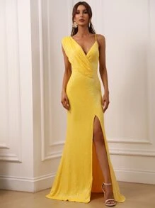 Women Elegant Faeriesty Sparkly Sequin Evening Gown - Sleeveless Asymmetric Neckline Maxi Dress With High-Slit Fishtail Skirt & Bodycon Fit For Elegant Evening Events/Galas,Summer Holiday Outfits - Yellow - View 1