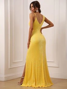 Women Elegant Faeriesty Sparkly Sequin Evening Gown - Sleeveless Asymmetric Neckline Maxi Dress With High-Slit Fishtail Skirt & Bodycon Fit For Elegant Evening Events/Galas,Summer Holiday Outfits - Yellow - View 2