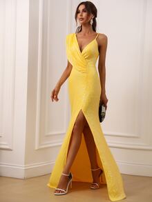 Women Elegant Faeriesty Sparkly Sequin Evening Gown - Sleeveless Asymmetric Neckline Maxi Dress With High-Slit Fishtail Skirt & Bodycon Fit For Elegant Evening Events/Galas,Summer Holiday Outfits - Yellow - View 3