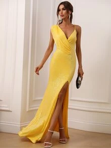 Women Elegant Faeriesty Sparkly Sequin Evening Gown - Sleeveless Asymmetric Neckline Maxi Dress With High-Slit Fishtail Skirt & Bodycon Fit For Elegant Evening Events/Galas,Summer Holiday Outfits - Yellow - View 5