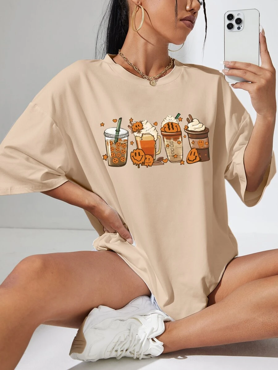 SHEIN EZwear Coffee & Cartoon Graphic Drop Shoulder Tee - Apricot - View 1