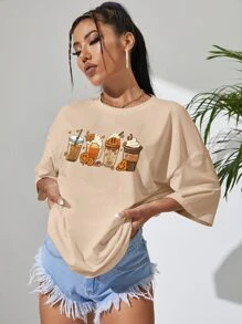 SHEIN EZwear Coffee & Cartoon Graphic Drop Shoulder Tee - Apricot - View 4