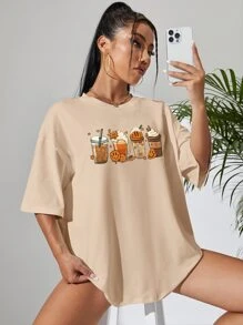SHEIN EZwear Coffee & Cartoon Graphic Drop Shoulder Tee - Apricot - View 5
