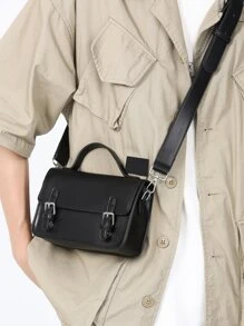 High School Students University Freshman Multifunctional Sling Bag Shoulder Bag Casual Bag Mini Men Buckle Decor Flap Messenger Bag, Handbag Schoolbag For Travel,College,Outdoors,Sports,Commute College Bag Fathers Day Gifts Summer Dad For Books Back To School Multi-Functional Dorm Sling Bag For Man Man Bag Cross Body Bag Side Bag School Supplies Fall Bag For Man Cylinder Bag Old Money Halloween Christmas Gifts For Men Scream Men Bag Crossbody Bag Bag For Men Winter Thanksgiving Purse Holiday Storage Bag Tote Bag Bum Bag Belt Bag Rider Bag Fanny Pack Beach Bag Gym Bag PU Material Crossbody Bag Retro Business Shoulder Bag Ideal Gift For Men Simpler Classic Satchel Bag - Black - View 1