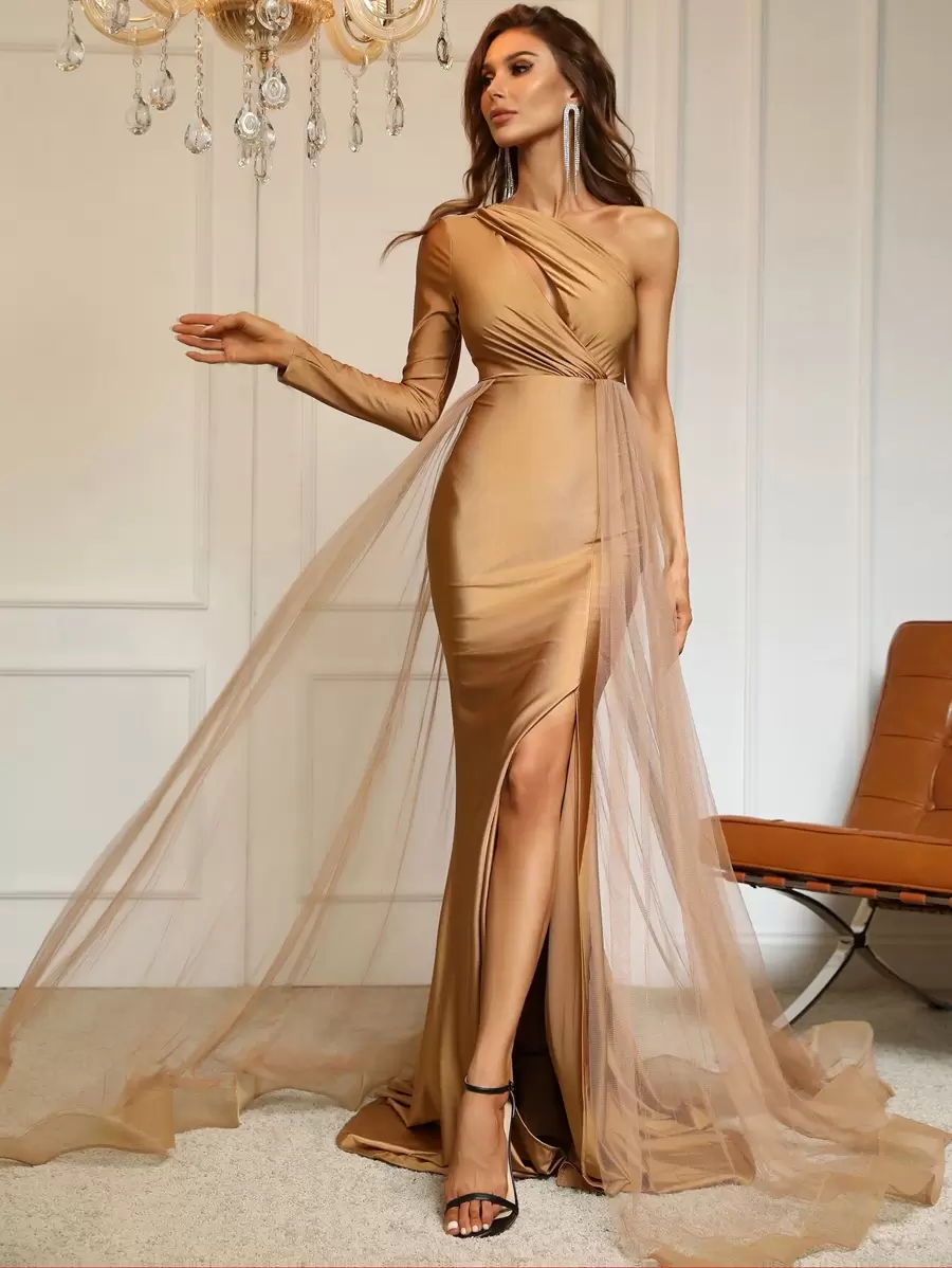 單肩拼接網紗高衩連衣裙 - 棕色 - 查看 1