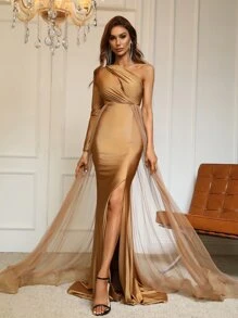 單肩拼接網紗高衩連衣裙 - 棕色 - 查看 4