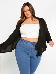 SHEIN LUNE Plus Open Front Asymmetrical Hem Jacket Winter Fall Autumn - Black - View 2