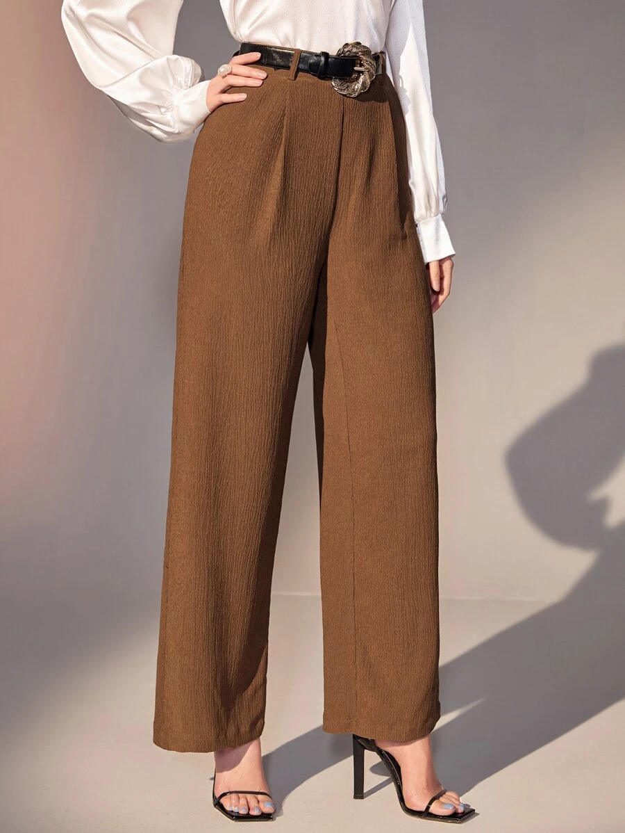 Modelyn Slant Pocket Wide Leg Pants Without Belt - Brown - View 1