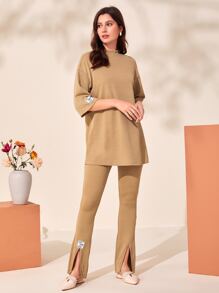 Mulvari Drop Shoulder Mock Neck Letter Patched Detail Tee - Khaki - View 3