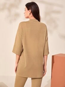 Mulvari Drop Shoulder Mock Neck Letter Patched Detail Tee - Khaki - View 2