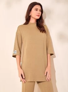 Mulvari Drop Shoulder Mock Neck Letter Patched Detail Tee - Khaki - View 1