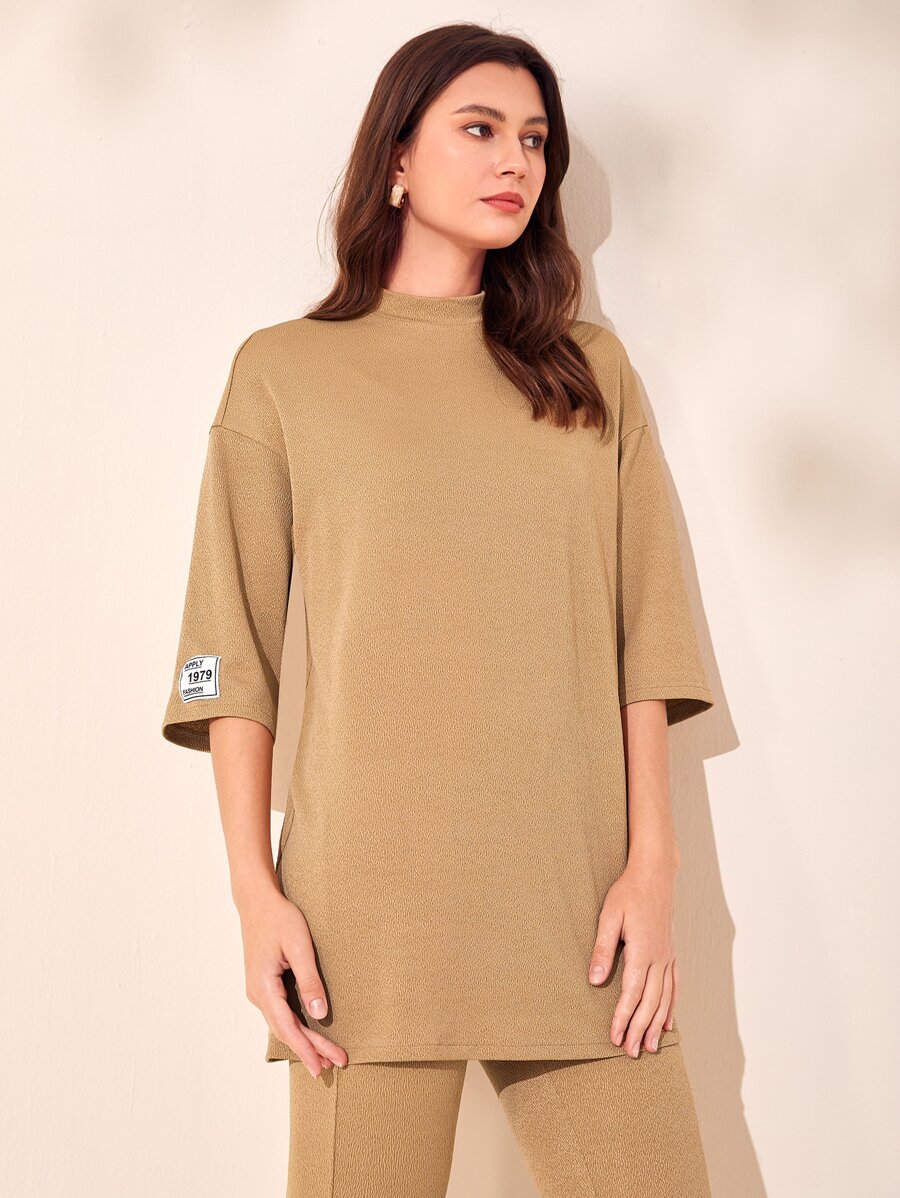 Mulvari Drop Shoulder Mock Neck Letter Patched Detail Tee - Khaki - View 1