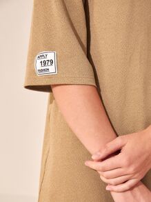 Mulvari Drop Shoulder Mock Neck Letter Patched Detail Tee - Khaki - View 6