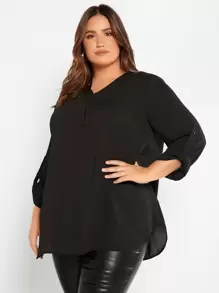 SHEIN LUNE Plus Roll Tab Sleeve Curved Hem Top - Black - View 1