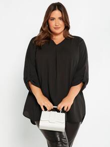 SHEIN LUNE Plus Roll Tab Sleeve Curved Hem Top - Black - View 3