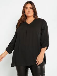 SHEIN LUNE Plus Roll Tab Sleeve Curved Hem Top - Black - View 6