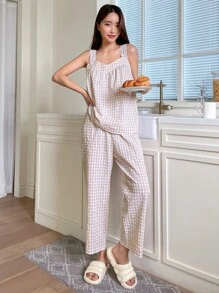 DAZY طقم بيجامة بطباعة قطني مقلم بلوحة دانتيل بثقوب