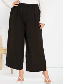SHEIN Privé Plus Solid Split Hem Wide Leg Trousers - Black - View 3