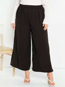 SHEIN Privé Plus Solid Split Hem Wide Leg Trousers - Black - View 4