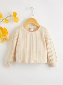 SHEIN 小女童落肩袖羅紋針織T恤 - 米色 - 查看 1