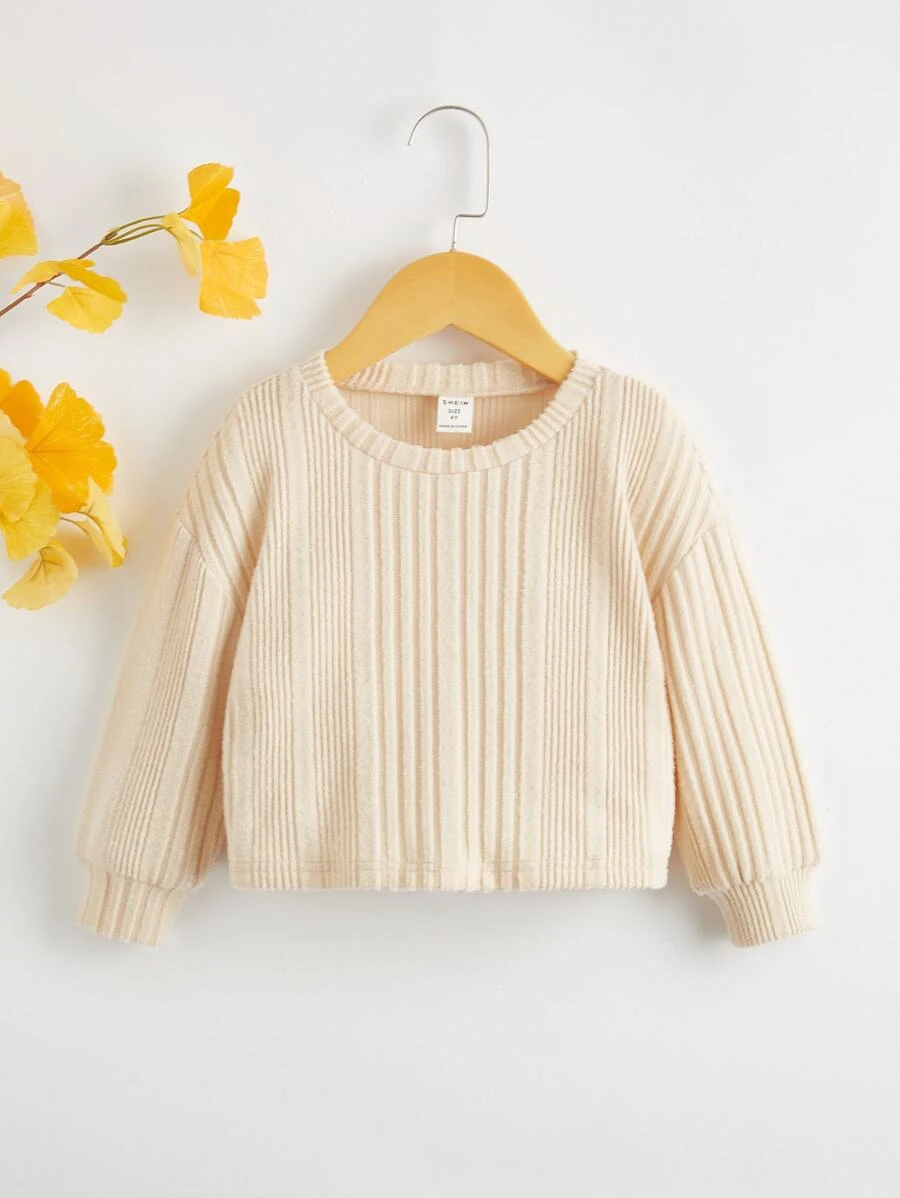 SHEIN 小女童落肩袖羅紋針織T恤 - 米色 - 查看 1