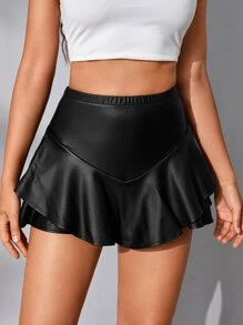 SHEIN BAE 荷葉邊PU皮革裙裤 - 黑色 - 查看 4