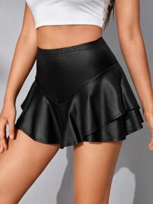 SHEIN BAE 荷葉邊PU皮革裙裤 - 黑色 - 查看 2