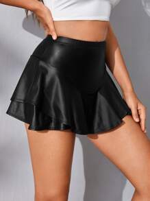 SHEIN BAE 荷葉邊PU皮革裙裤 - 黑色 - 查看 3