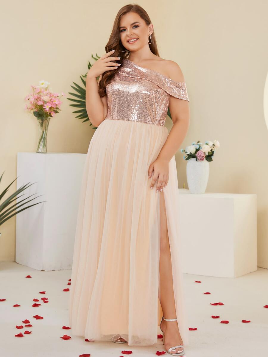 Plus Asymmetrical Neck Slit Thigh Sequin Insert Mesh Formal Dress - Champagne - View 1
