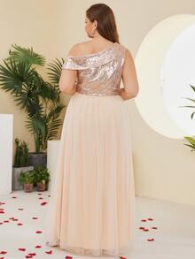 Plus Asymmetrical Neck Slit Thigh Sequin Insert Mesh Formal Dress - Champagne - View 2