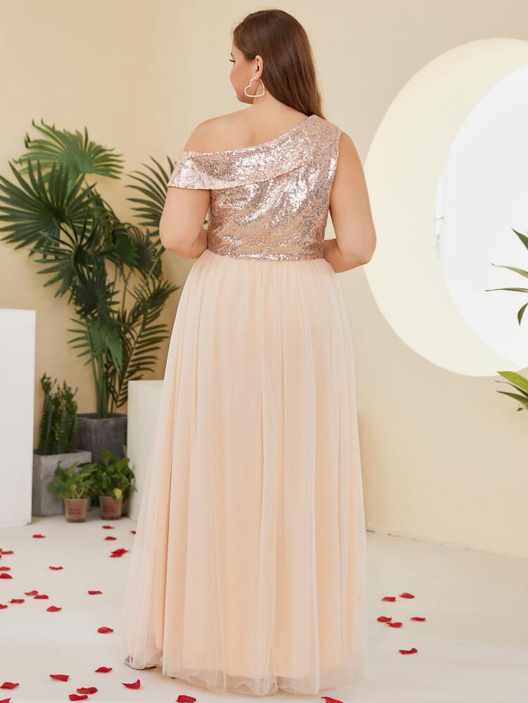 大碼不對稱領高開叉亮片拼接網紗正式洋裝 - 香檳色 - 查看 2