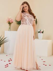 Plus Asymmetrical Neck Slit Thigh Sequin Insert Mesh Formal Dress - Champagne - View 4