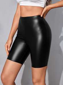 SHEIN BAE Solid PU Leather Biker Shorts - Black - View 5