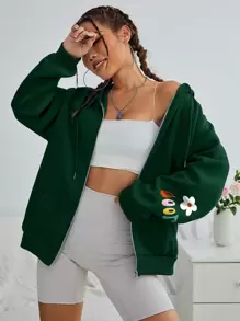 SHEIN EZwear Floral & Slogan Graphic Zip Up Thermal Lined Drawstring Hoodie - Dark Green - View 3