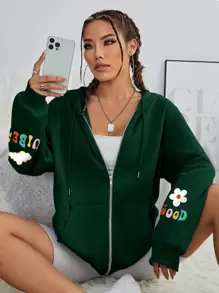 SHEIN EZwear Floral & Slogan Graphic Zip Up Thermal Lined Drawstring Hoodie - Dark Green - View 4