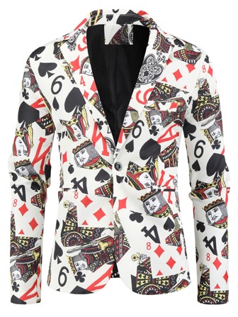 男士撲克牌圖案單釦西裝外套