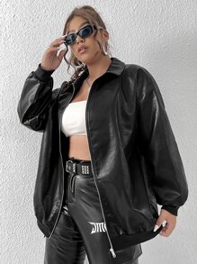 SHEIN Coolane Plus Eagle & Letter Graphic Drop Shoulder Zip Up Jacket - Black - View 3