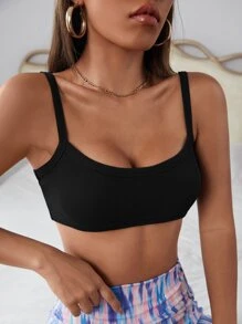 SHEIN PETITE 單色彈力針織女式黑色連身背心短上衣 - 黑色 - 查看 4