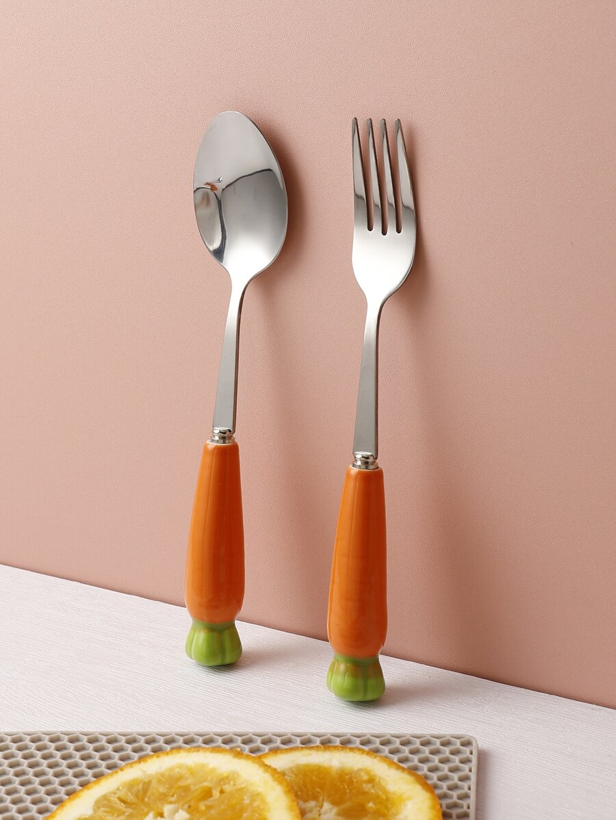 1pc Carrot Decor Fork & 1pc Spoon - Multicolor - View 1