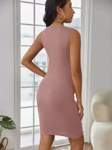 SHEIN Maternity Twist Front Rib-knit Tank Dress - Dusty Pink - View 2