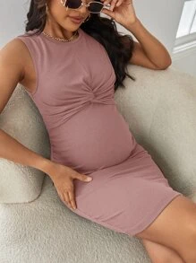 SHEIN Maternity Twist Front Rib-knit Tank Dress - Dusty Pink - View 3