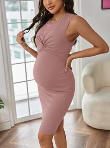 SHEIN Maternity Twist Front Rib-knit Tank Dress - Dusty Pink - View 5