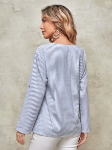EMERY ROSE Striped Print Roll Tab Sleeve Blouse - Blue and White - View 2