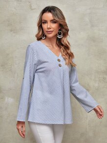 EMERY ROSE Striped Print Roll Tab Sleeve Blouse - Blue and White - View 4