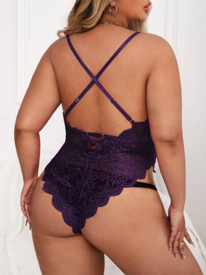 taglie forti Body teddy pizzo floreale con orlo smerlato croce indietro